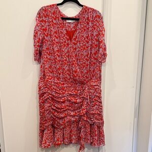 Tanya Taylor Red and White Floral Wrap Midi Dress